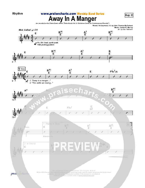 Away In A Manger Rhythm Chart (PraiseCharts Band / Arr. Daniel Galbraith)