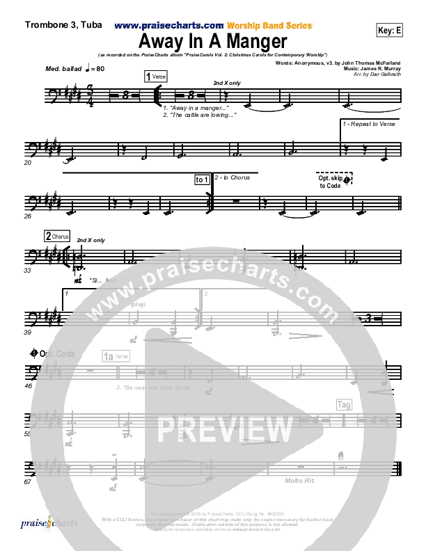 Away In A Manger Trombone 3/Tuba (PraiseCharts Band / Arr. Daniel Galbraith)