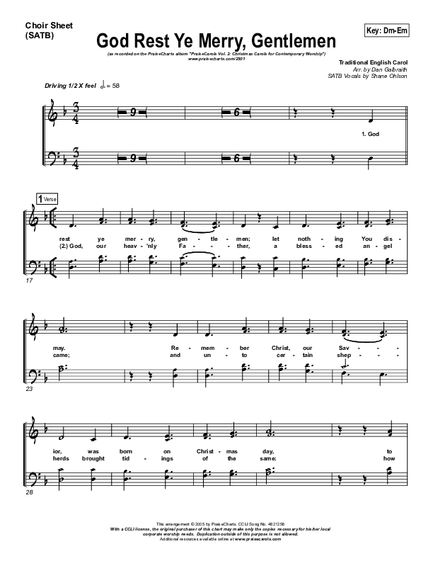 God Rest Ye Merry Gentlemen Choir Vocals (SATB) (PraiseCharts Band / Arr. Daniel Galbraith)