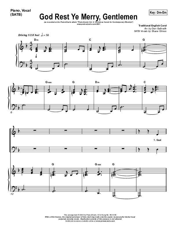 God Rest Ye Merry Gentlemen Piano/Vocal (SATB) (PraiseCharts Band / Arr. Daniel Galbraith)
