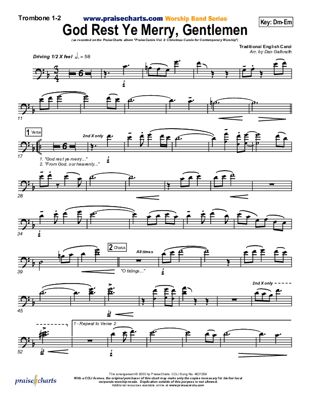 God Rest Ye Merry Gentlemen Trombone 1/2 (PraiseCharts Band / Arr. Daniel Galbraith)