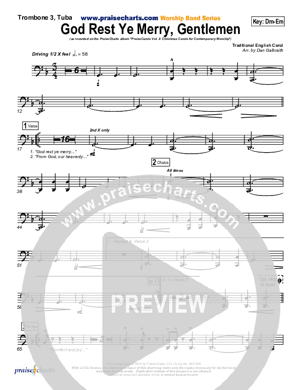 God Rest Ye Merry Gentlemen Trombone 3/Tuba (PraiseCharts Band / Arr. Daniel Galbraith)