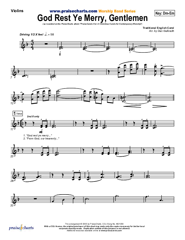 God Rest Ye Merry Gentlemen Violins (PraiseCharts Band / Arr. Daniel Galbraith)