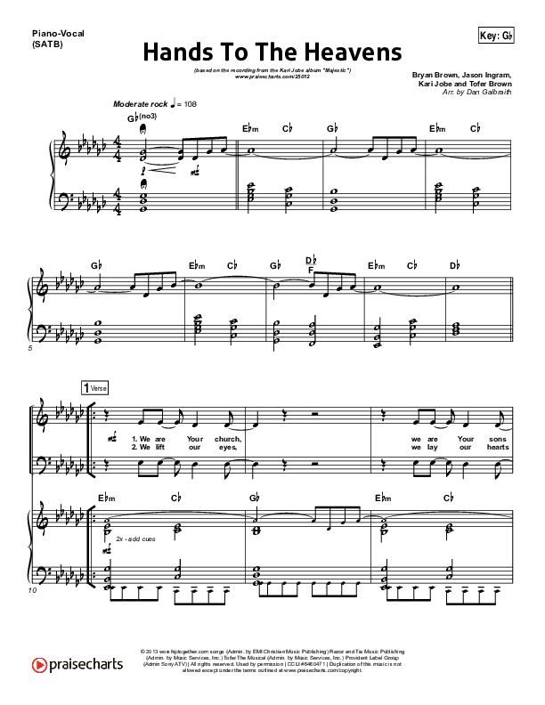 Hands To The Heavens Piano/Vocal (SATB) (Kari Jobe)