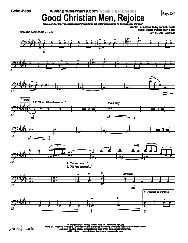 Good Christian Men Rejoice Cello/Bass (PraiseCharts Band / Arr. Daniel Galbraith)