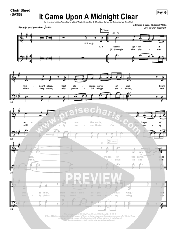 It Came Upon A Midnight Clear Choir Sheet (SATB) (Kari Jobe / PraiseCharts Band / Arr. Daniel Galbraith)