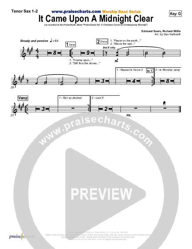 It Came Upon A Midnight Clear Tenor Sax 1/2 (Kari Jobe / PraiseCharts Band / Arr. Daniel Galbraith)