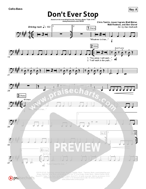 Don't Ever Stop Cello/Bass (Chris Tomlin / Passion)