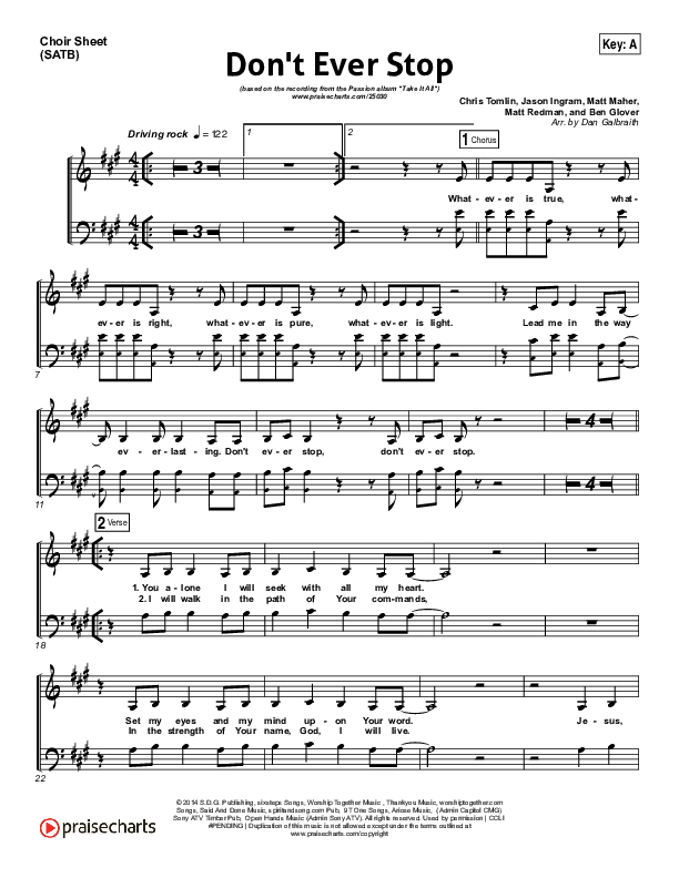 Don't Ever Stop Choir Sheet (SATB) (Chris Tomlin / Passion)
