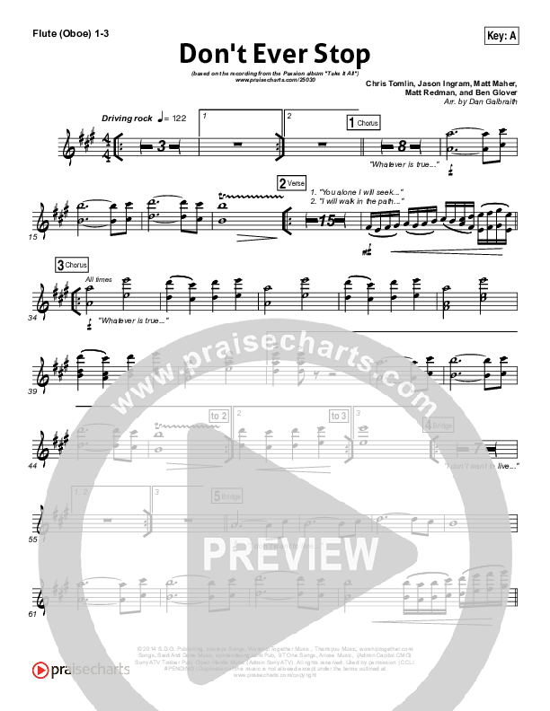 Don't Ever Stop Flute/Oboe 1/2/3 (Chris Tomlin / Passion)