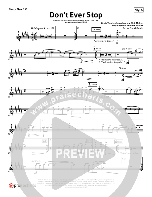 Don't Ever Stop Tenor Sax 1/2 (Chris Tomlin / Passion)