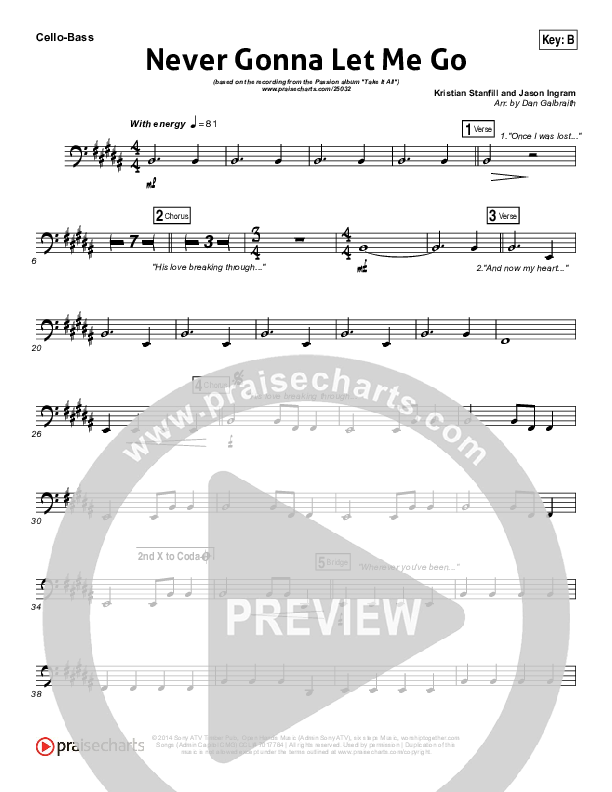 Never Gonna Let Me Go Cello/Bass (Kristian Stanfill / Passion)