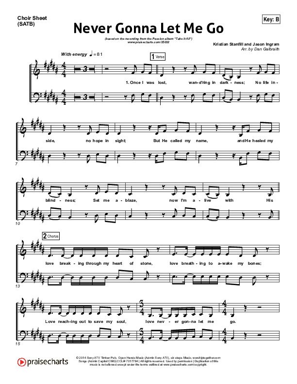 Never Gonna Let Me Go Choir Sheet (SATB) (Kristian Stanfill / Passion)