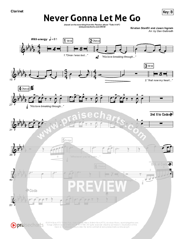 Never Gonna Let Me Go Clarinet (Kristian Stanfill / Passion)