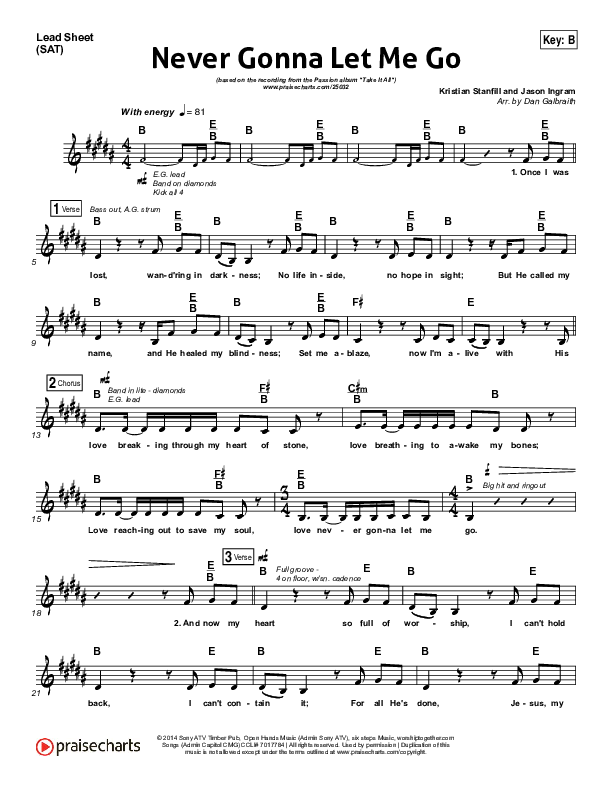 Never Gonna Let Me Go Lead Sheet (SAT) (Kristian Stanfill / Passion)