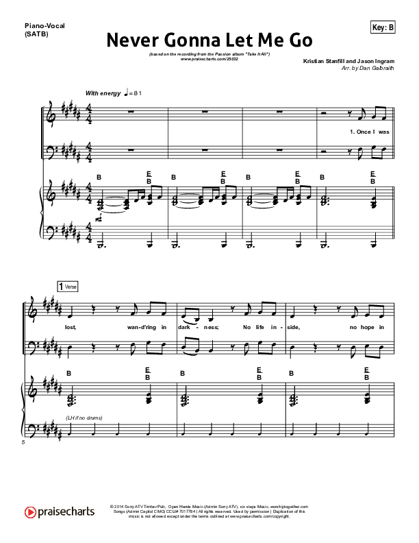 Never Gonna Let Me Go Piano/Vocal (SATB) (Kristian Stanfill / Passion)