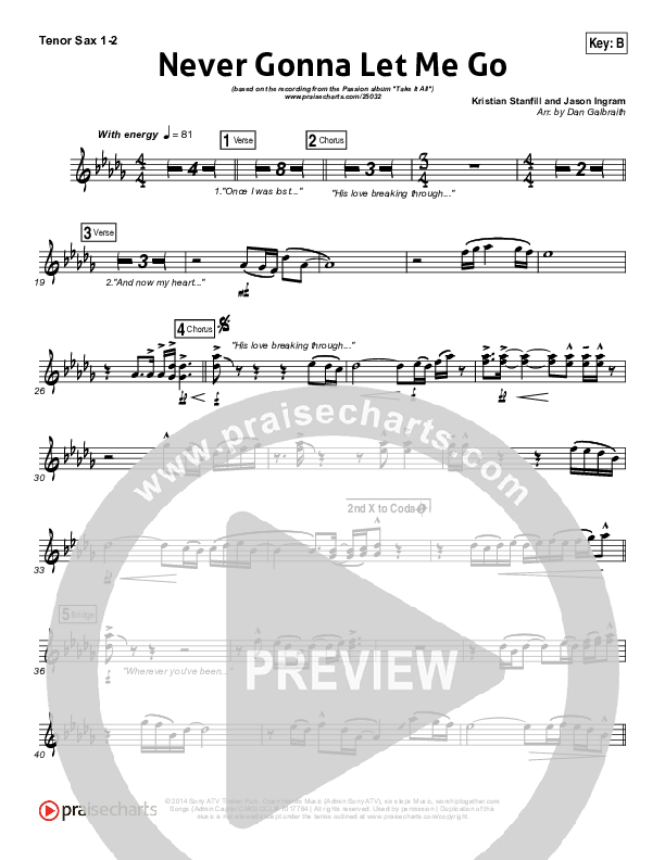Never Gonna Let Me Go Tenor Sax 1/2 (Kristian Stanfill / Passion)