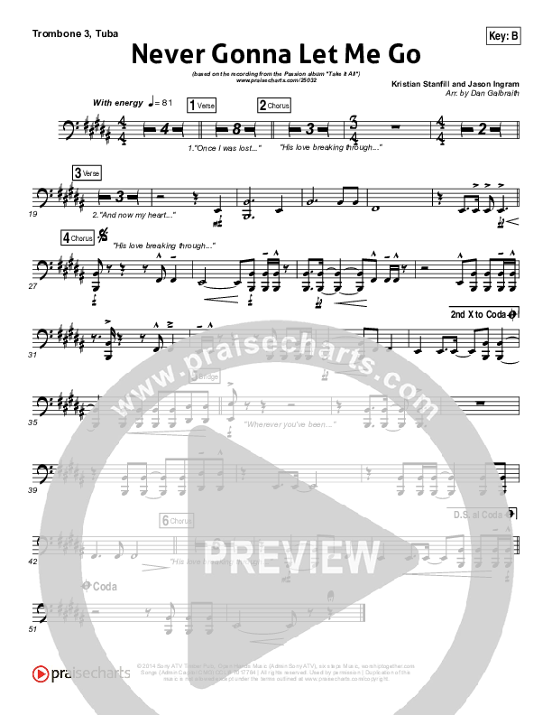 Never Gonna Let Me Go Trombone 3/Tuba (Kristian Stanfill / Passion)