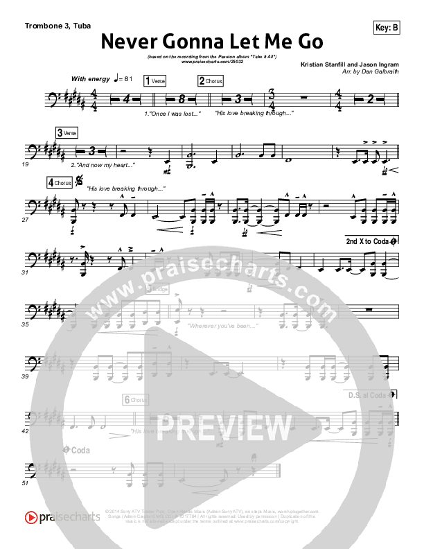 Never Gonna Let Me Go Trombone 3/Tuba (Kristian Stanfill / Passion)