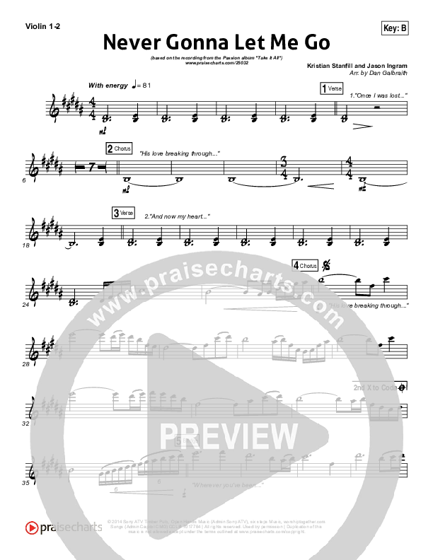 Never Gonna Let Me Go Violin 1/2 (Kristian Stanfill / Passion)