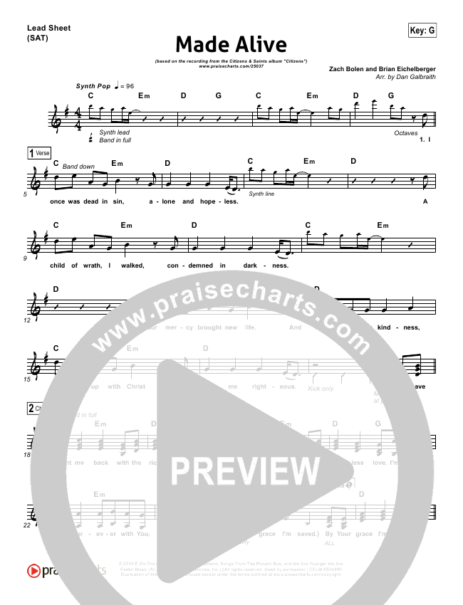 Made Alive Lead Sheet Piano Vocal Citizens Praisecharts