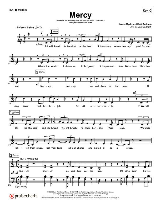 Mercy Choir Sheet (SATB) (Matt Redman / Passion)