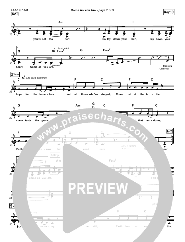 Come As You Are Sheet Music (David Crowder / Passion) PraiseCharts