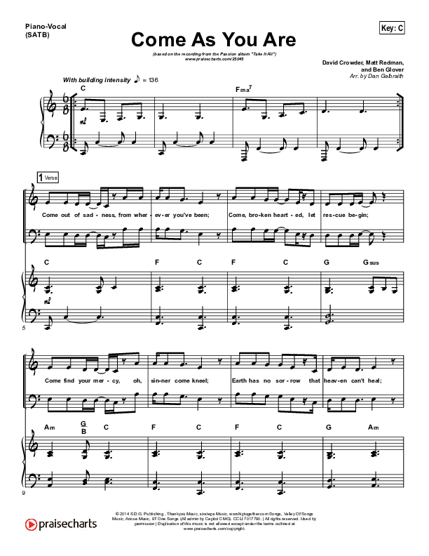 Come As You Are Piano/Vocal (SATB) (David Crowder / Passion)