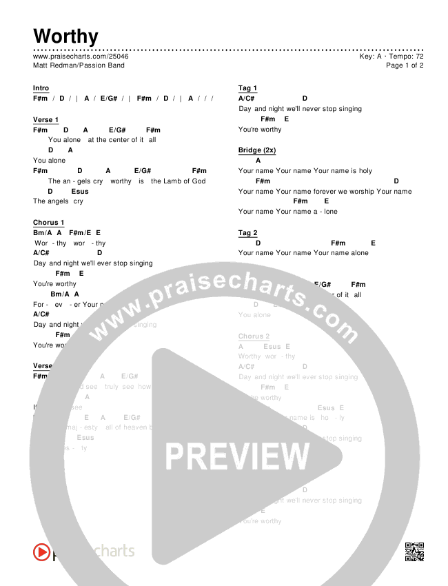 Worthy Chords & Lyrics (Matt Redman / Passion)