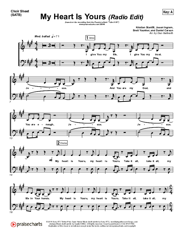 My Heart Is Yours (Radio) Choir Sheet (SATB) (Kristian Stanfill / Passion)
