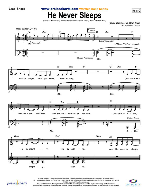 He Never Sleeps Lead Sheet (Don Moen)