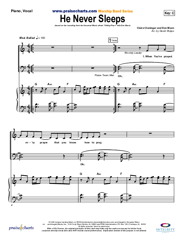 He Never Sleeps Piano/Vocal & Lead (Don Moen)