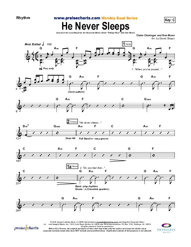 He Never Sleeps Rhythm Chart (Don Moen)