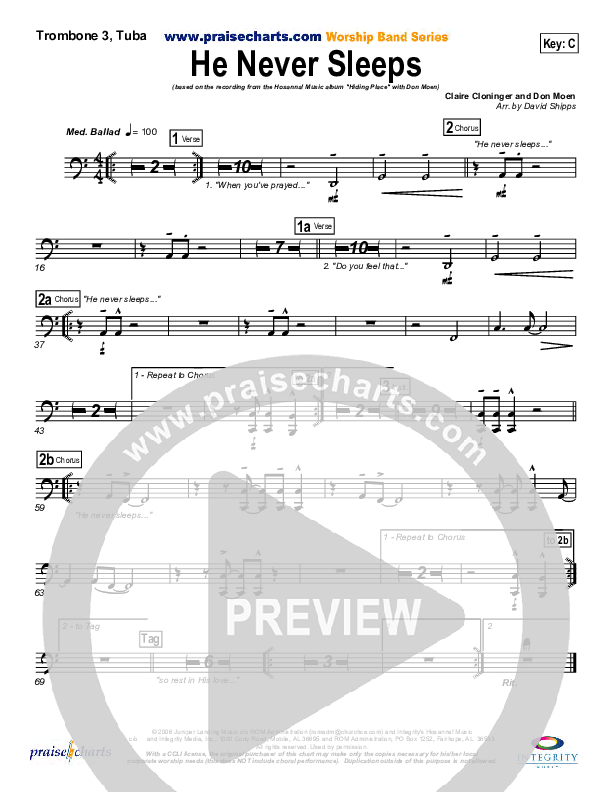 He Never Sleeps Trombone 3/Tuba (Don Moen)