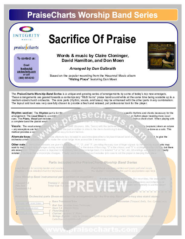 Sacrifice Of Praise Cover Sheet (Don Moen)