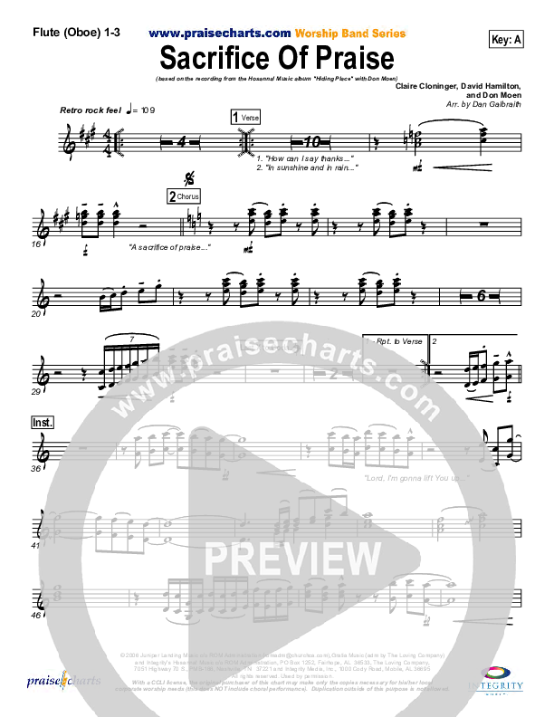 Sacrifice Of Praise Flute/Oboe 1/2/3 (Don Moen)