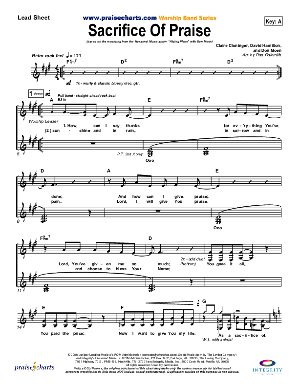 Sacrifice Of Praise Lead Sheet (Don Moen)