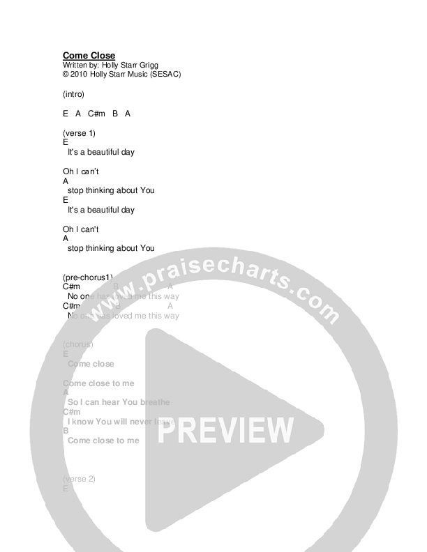 Come Close Chords & Lyrics (Holly Starr)