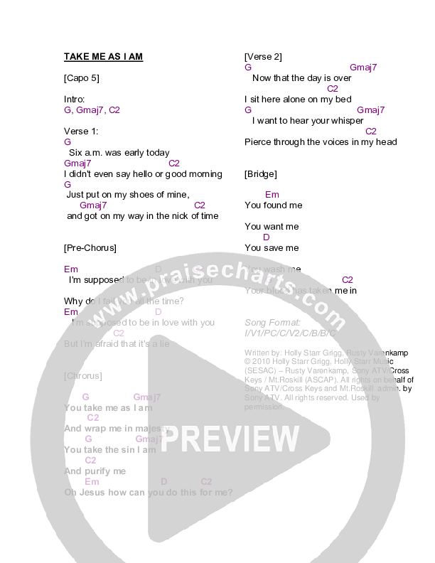 Take Me As I Am Chords & Lyrics (Holly Starr)