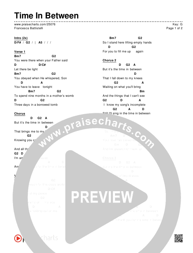 Time In Between Chords & Lyrics (Francesca Battistelli)