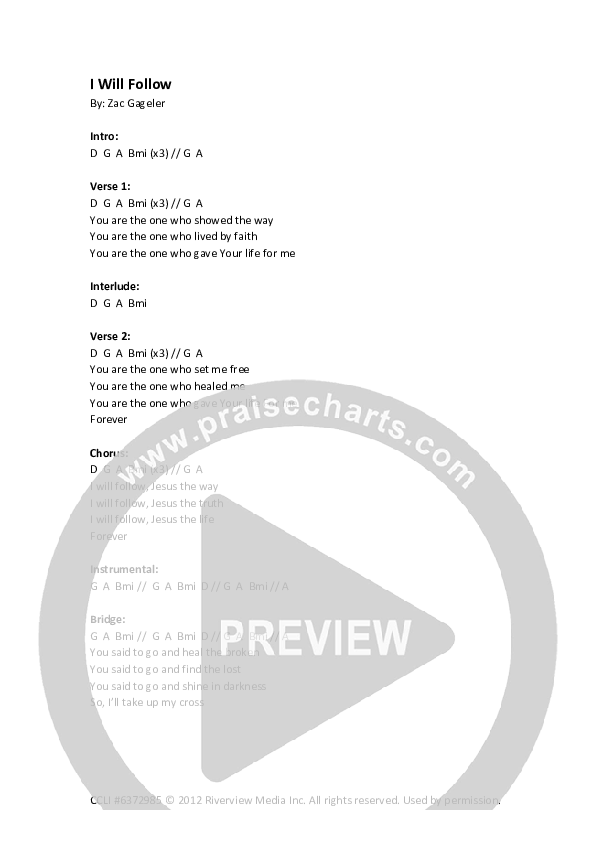 I Will Follow Chords & Lyrics (Riverview Church)