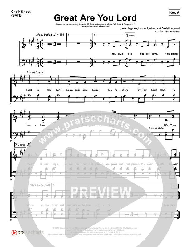 Great Are You Lord Choir Sheet (SATB) (All Sons & Daughters)