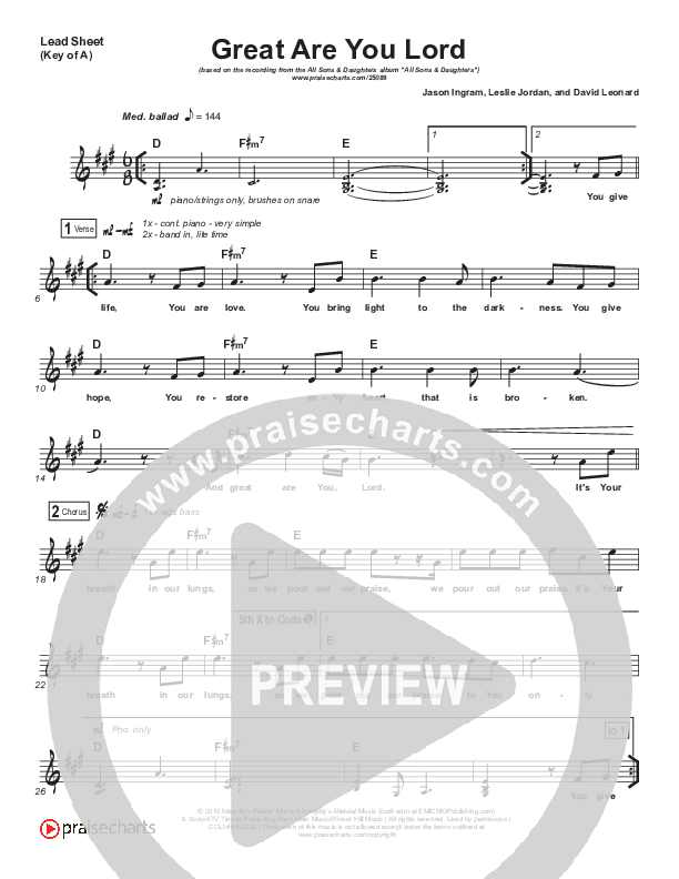 Great Are You Lord Lead Sheet (Melody) (All Sons & Daughters)
