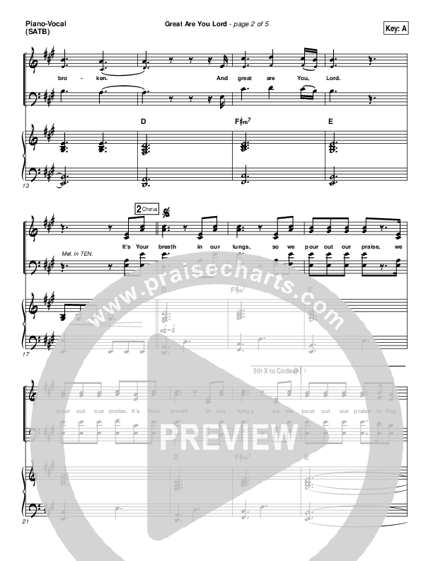 Great Are You Lord Piano/Vocal (SATB) (All Sons & Daughters)