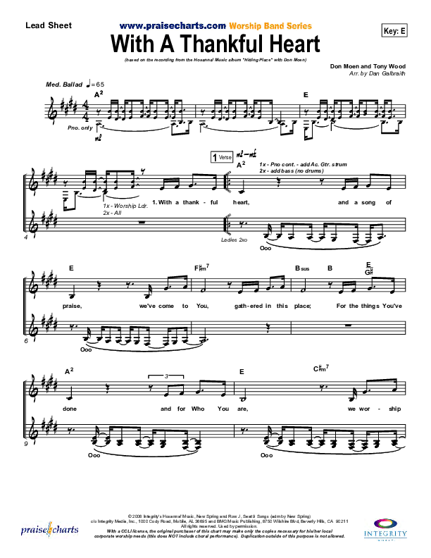 With A Thankful Heart Lead Sheet (Don Moen)