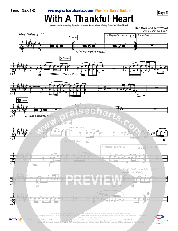 With A Thankful Heart Tenor Sax 1/2 (Don Moen)
