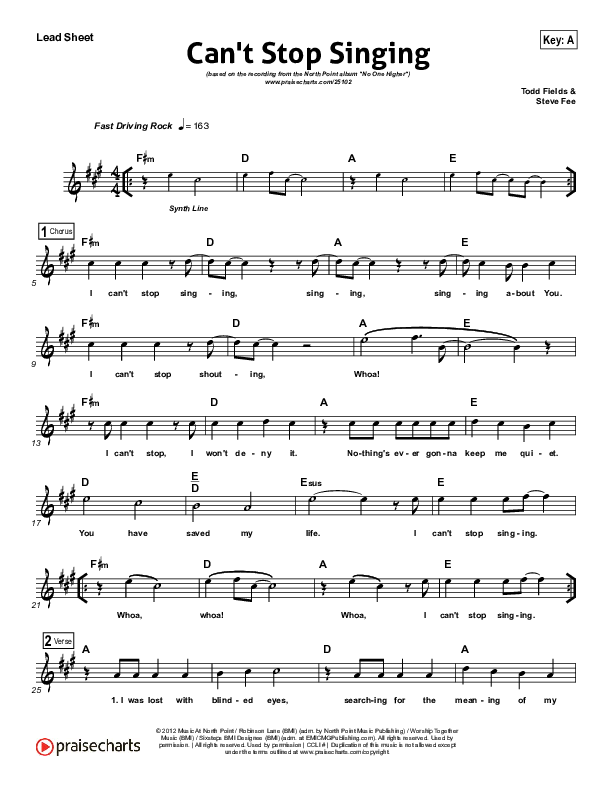 Can't Stop Singing Lead Sheet (North Point Worship / Seth Condrey)