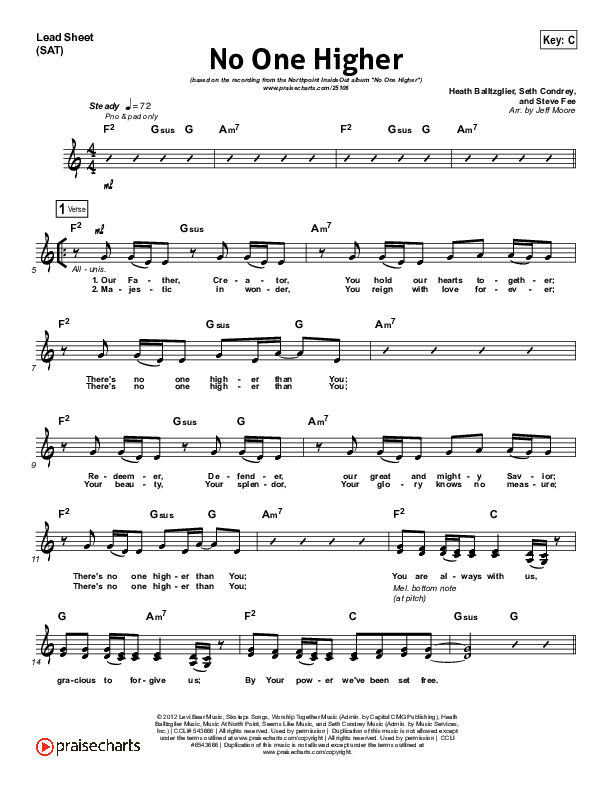 No One Higher Lead Sheet (SAT) (North Point Worship / Seth Condrey)