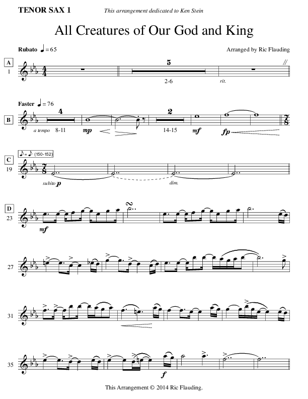 All Creatures Of Our God And King (Instrumental) Tenor Sax 1/2 (Ric Flauding)