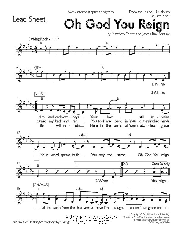 Oh God You Reign Lead Sheet (Inland Hills)